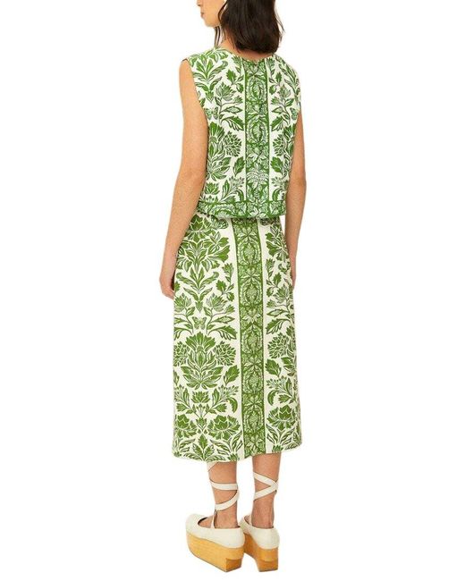 Farm Rio Green Linen-Blend Delicate Tapestry Midi Skirt