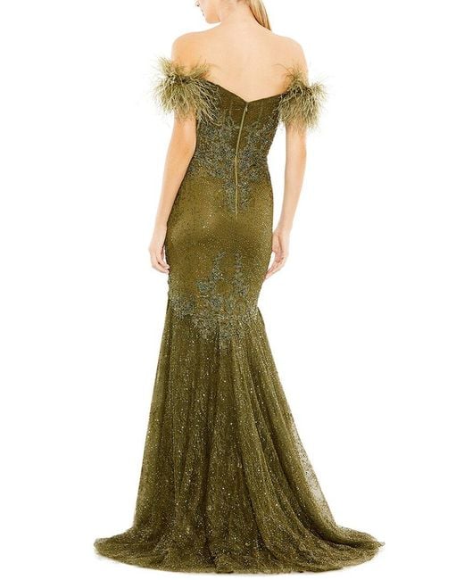 Mac Duggal Green Feathered Crystal Embellished Mermaid Gown