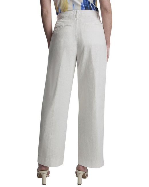 DKNY Gray Stripe Pleated Wide Leg Linen-Blend Pant