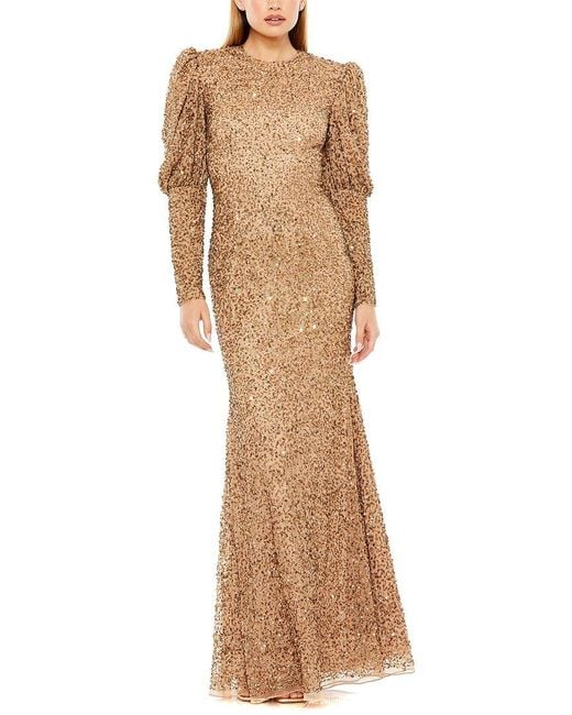 Mac Duggal Natural Puff Sleeve Beaded Gown