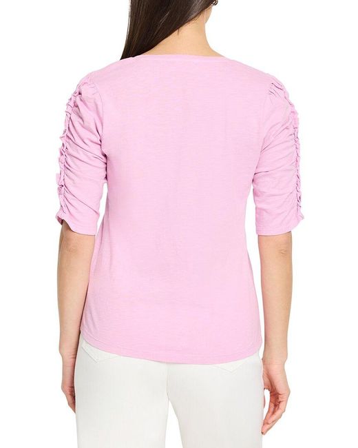 NIC+ZOE Red Ruched Elbow Sleeve Split Neck T-Shirt