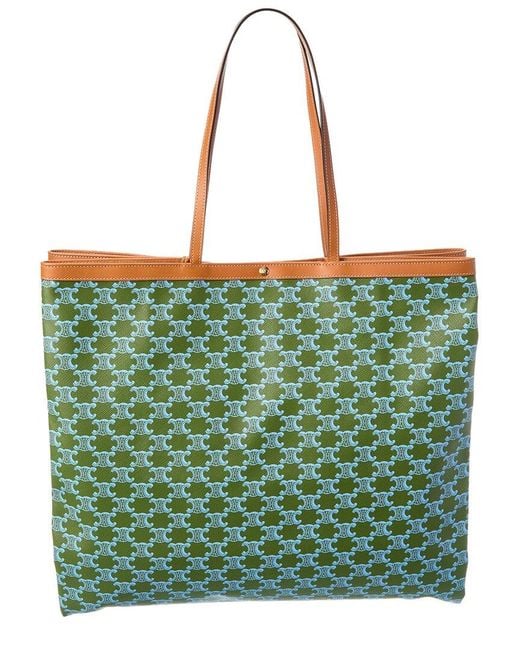 Céline Green Large Flat Triomphe Canvas & Leather Tote