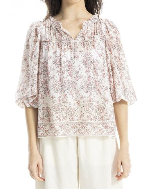 Max Studio Natural V-Neck Puff Sleeve Top