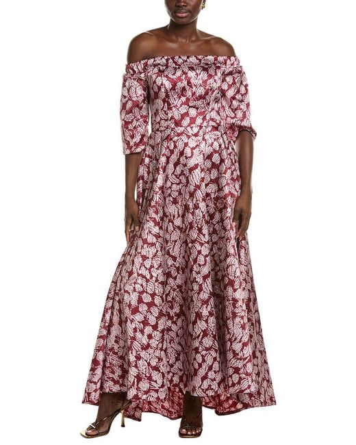 Rene Ruiz Red Off-shoulder High-low Hem Floral A-line Dress
