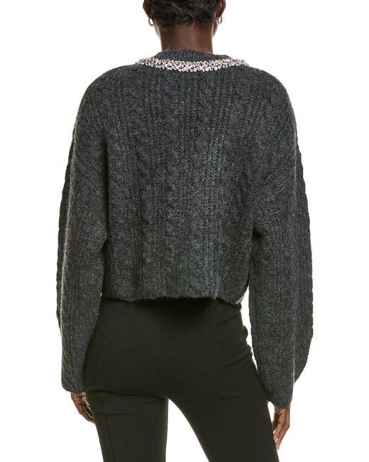 Endless Rose Gray Jewel Embroidered Fuzzy Cable Chunky Wool-Blend Sweater