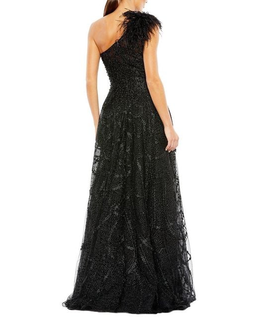 Mac Duggal Black Embellished One-Shoulder A-Line Gown With Feather Accent
