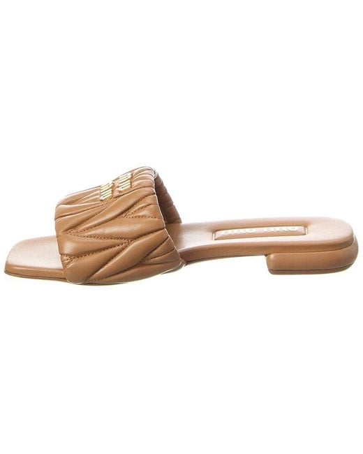 Miu Miu Brown Logo Matelasse Leather Flat