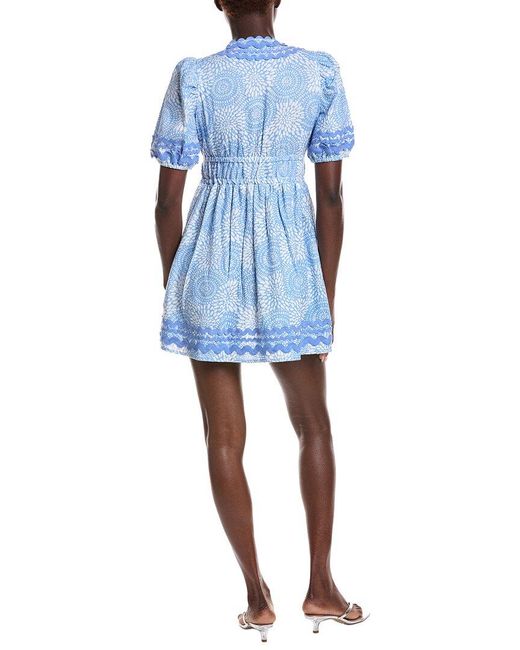 Sail To Sable Blue V-Neck Puff Sleeve Linen-Blend Ric-Rac Dress