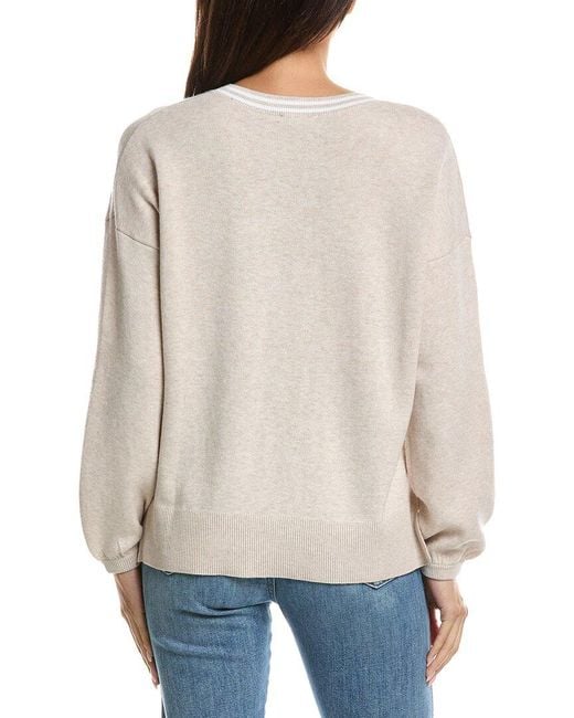 Forte Natural Gathered Sleeve Split Neck Cashmere-Blend Sweater