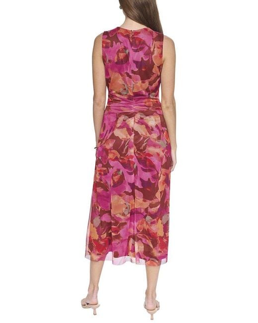 Halston Heritage Red Mesh Printed Midi Dress