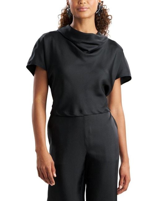Natori Black Silk Twill Cowl Neck Top