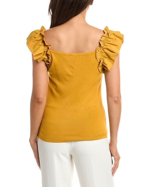 Tahari Yellow Flutter Woven Sleeve Milano Pullover