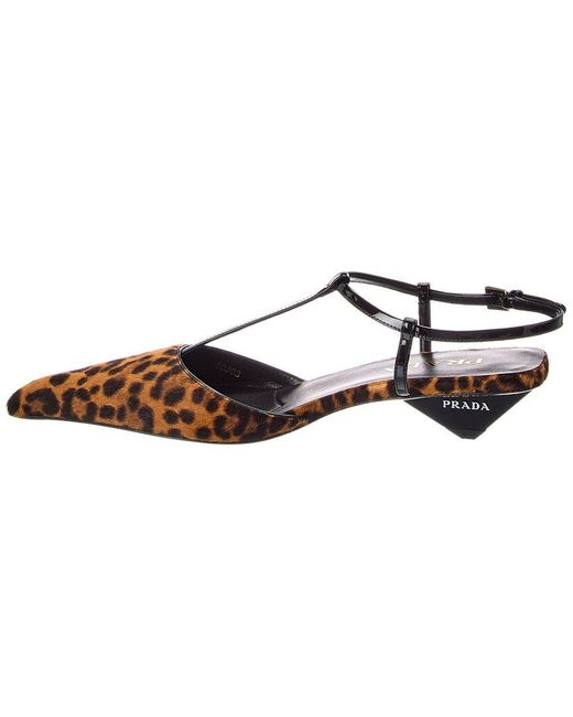 Prada Brown Haircalf & Patent Pointy-Toe Slingback Pump