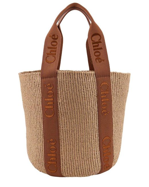 Chloé Brown Woody Large Raffia & Canvas Basket Tote