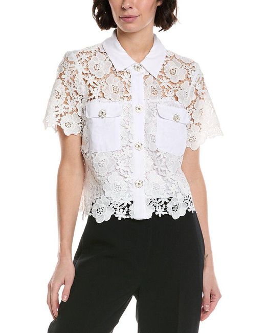 Cece White Patch Pocket Button-Down Lace Top