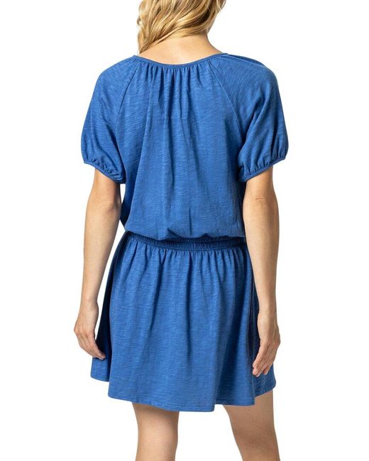 Lilla P Blue Elastic Waist Split Neck Mini Dress