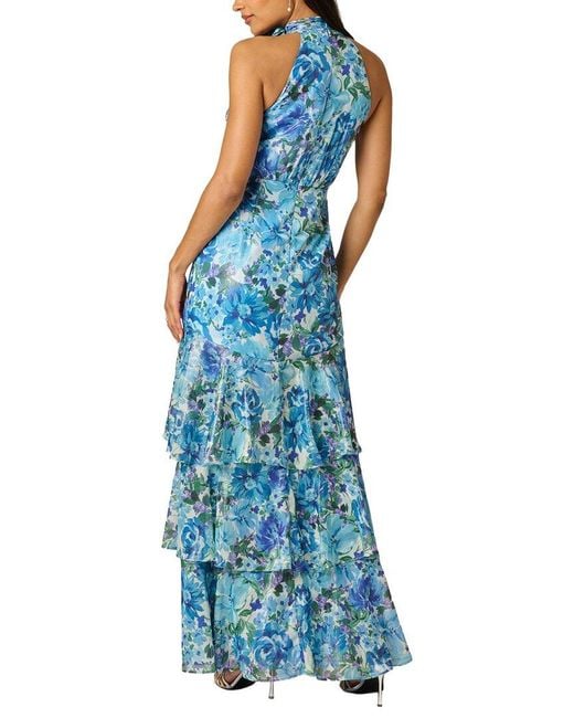 Adrianna Papell Blue Glazed Printed Chiffon Long Gown