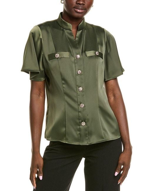 Anne Klein Green Satin Flutter Sleeve Blouse