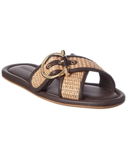 Ferragamo Brown Double Strap Gancini Raffia & Leather Sandal