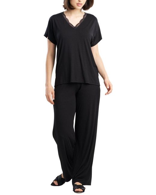 Natori Black Dhalia Knit Jersey Lace Pj Set