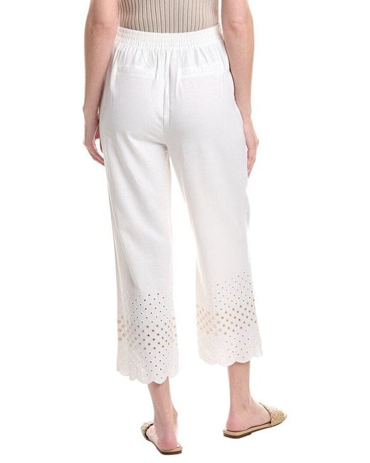 Ellen Tracy White Pull On Cropped Linen-Blend Pant