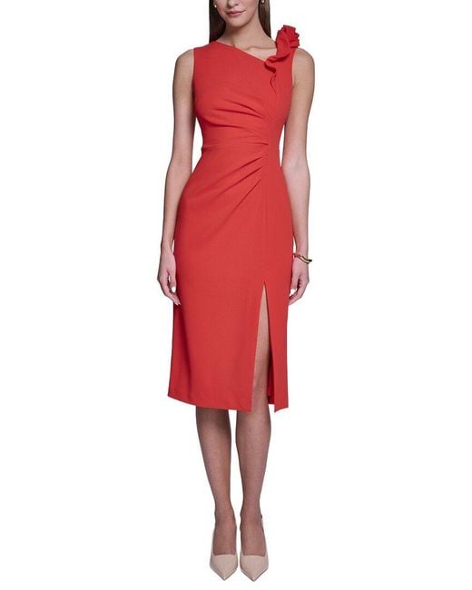 Halston Heritage Red Rose Detail Bodycon Midi Dress