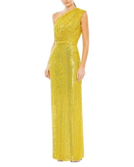 Mac Duggal Yellow Sequined Ruched One Shoulder Gown