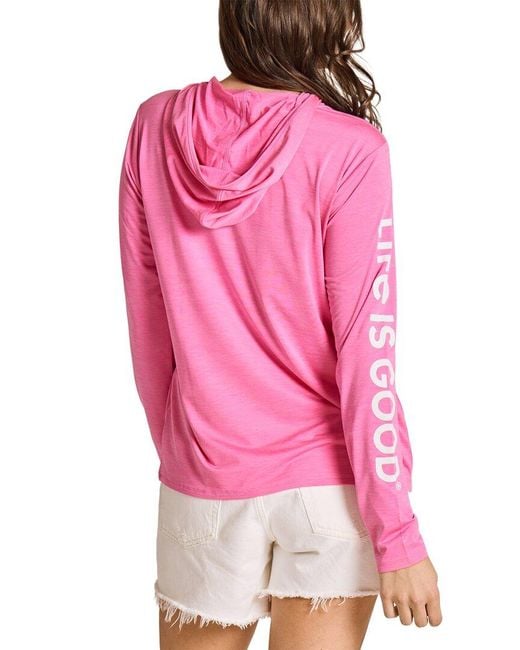 Life Is Good. Pink Long Sleeve Hooded Sun Crusher Shirt