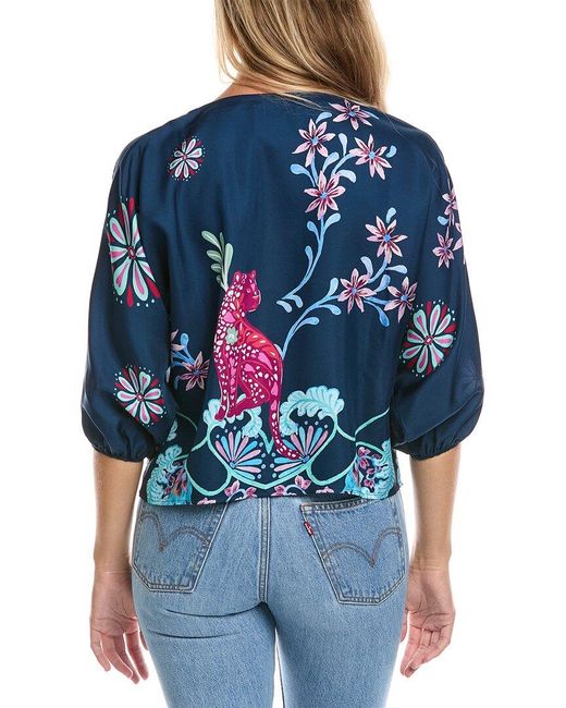 Johnny Was Blue Petite Harlyn Button Front Silk-Blend Blouse