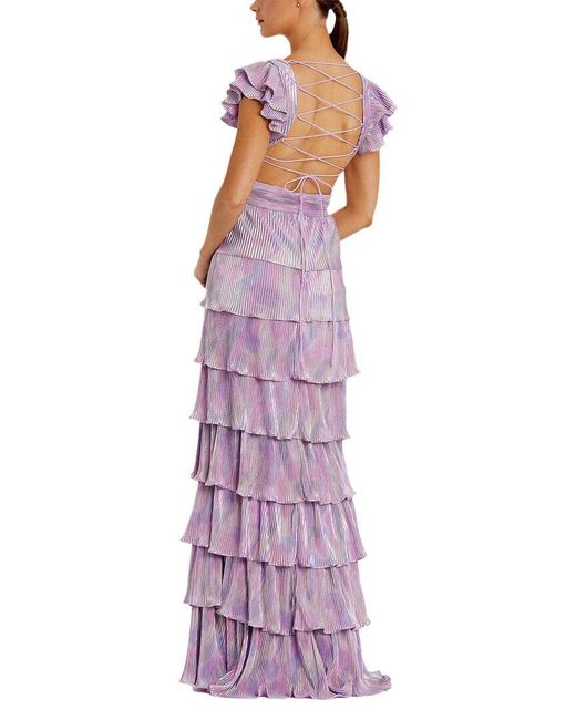 Mac Duggal Purple Ruffle Tiered Criss Cross Lace Up Gown