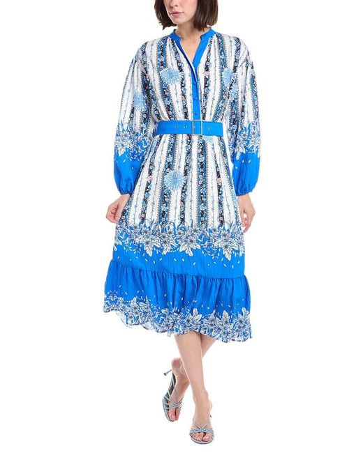 Tahari Blue Split Neck Half Placket Midi Shirtdress