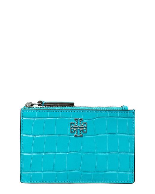 Tory Burch Blue Britten Embossed Zip Leather Card Case