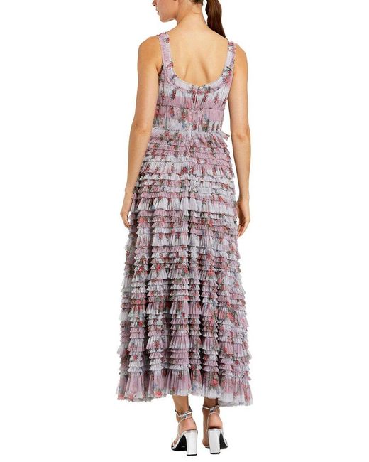 Mac Duggal Purple Floral Mesh Micro Ruffle Maxi Dress