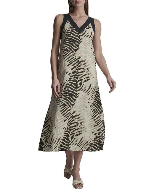 DKNY Black V-Neck Printed Linen Dress