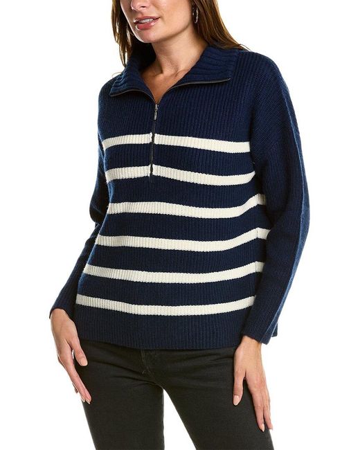 Forte Blue Striped Rib Mock Neck Wool & Cashmere-blend 1/2-zip Sweater