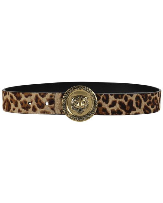 Just Cavalli Brown Tiger Round Logo Print Leather Belt