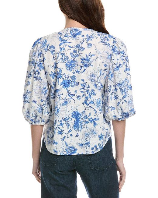 Philosophy Blue Floral Printed Linen-Blend Top