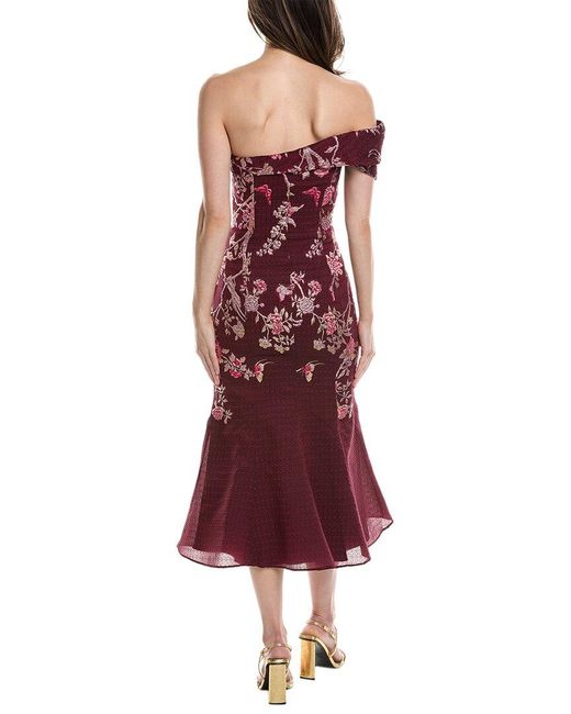 Marchesa Red One-shoulder Fil Coupe Midi Dress