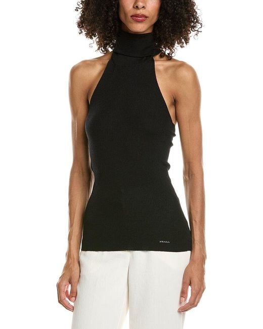 Prada Black Ribbed Wool & Silk-Blend Halter Neck Top