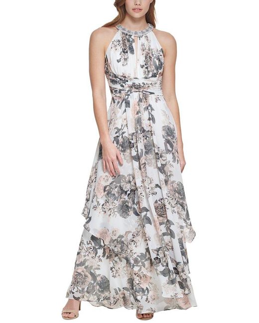 Eliza J White Printed Chiffon Gown