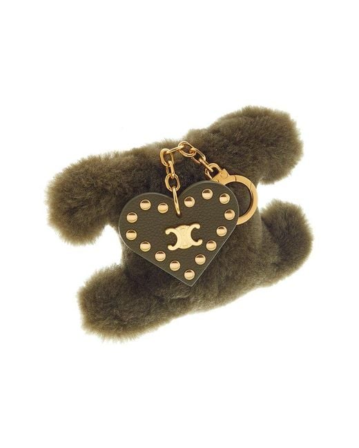 Céline Green Triomphe Shearling & Leather Pom-Pom Charm