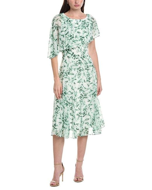 Maison Tara Green Printed Chiffon 3/Sleeve Midi Dress