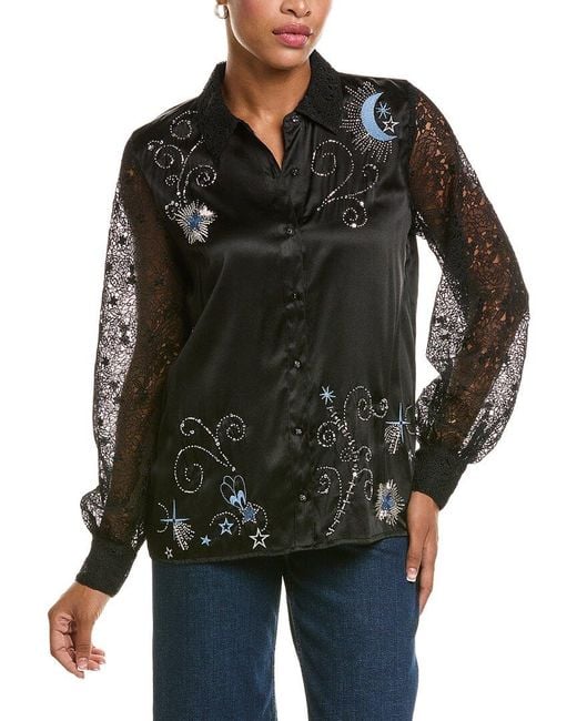 Johnny Was Black Vanti Embroidered Lace Silk-Blend Shirt