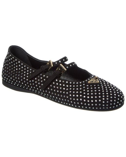 Prada Black Crystal Suede Ballerina Flat
