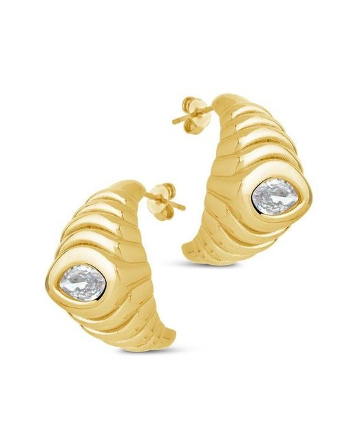 Sterling Forever Metallic 14k Plated Cz Studded Croissant Hoops
