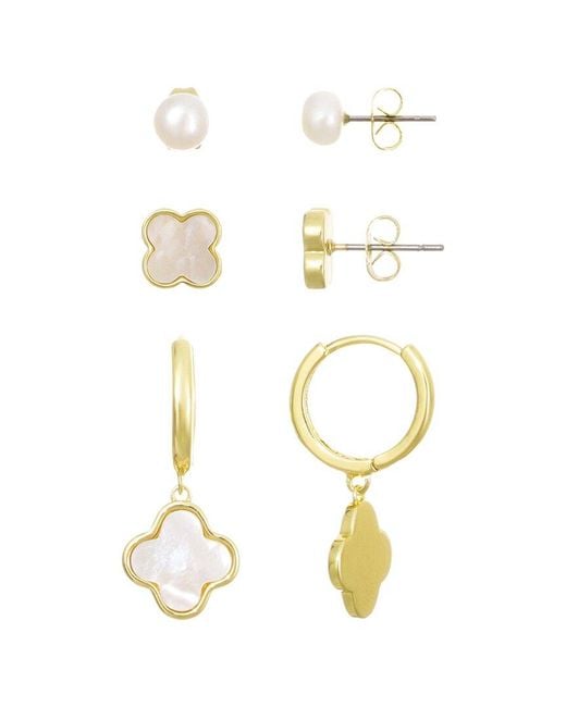 Adornia White 14K Plated Clover And Freshwater Pearl 3-Piece Earring Set