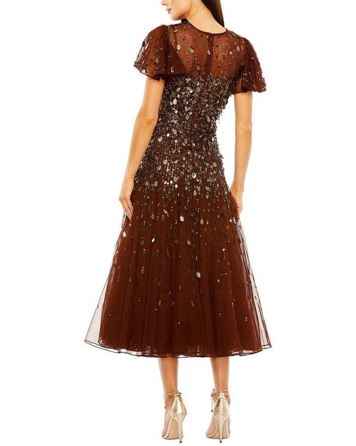 Mac Duggal Brown Flutter Sleeve Sheer Top Beaded Dress