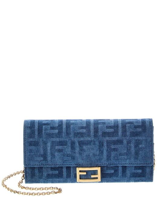 Fendi Blue Baguette Velvet Wallet On Chain