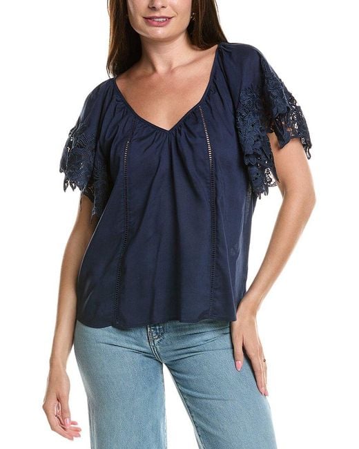 Ramy Brook Blue Lynette Linen-Blend Top