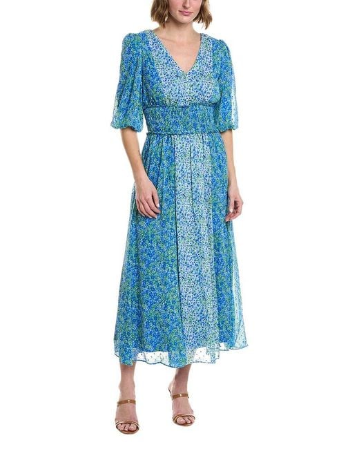 Taylor Blue Printed Chiffon Lurex Stripe Midi Dress